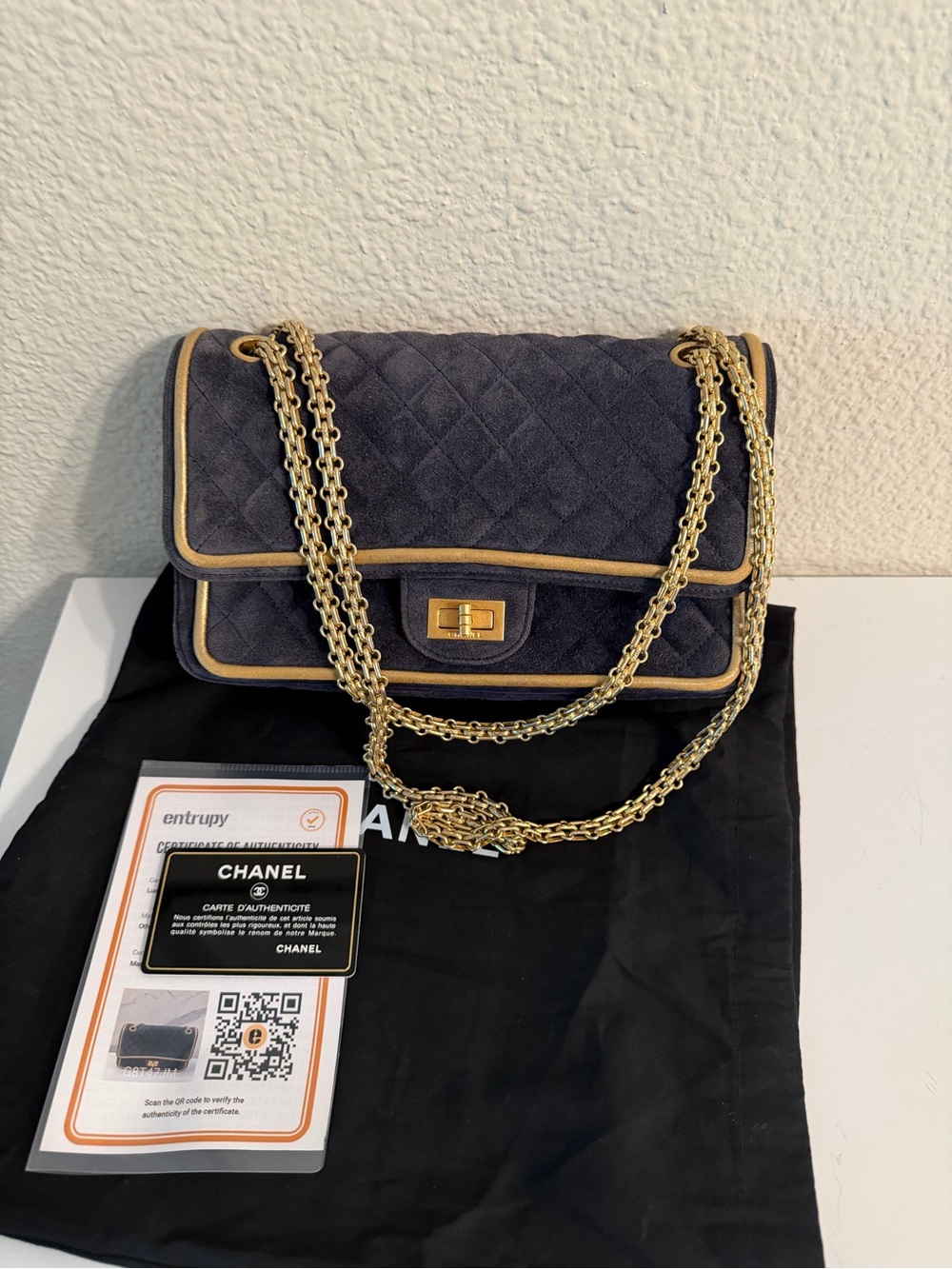 CHANEL Quilted Shoulder Bag in Navy with Gold Chain Trim